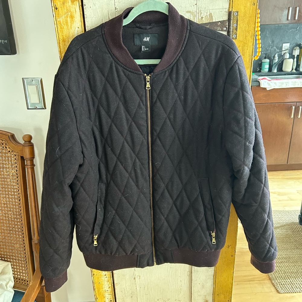 H&M Black Quilted Bomber Jacket with Stand-Up Collar